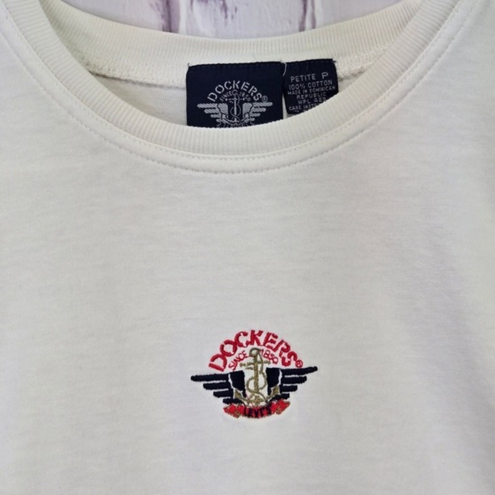 VTG Dockers Levis White‎ TShirt Embroidered Anchor Logo Casual Top Womens Sz S